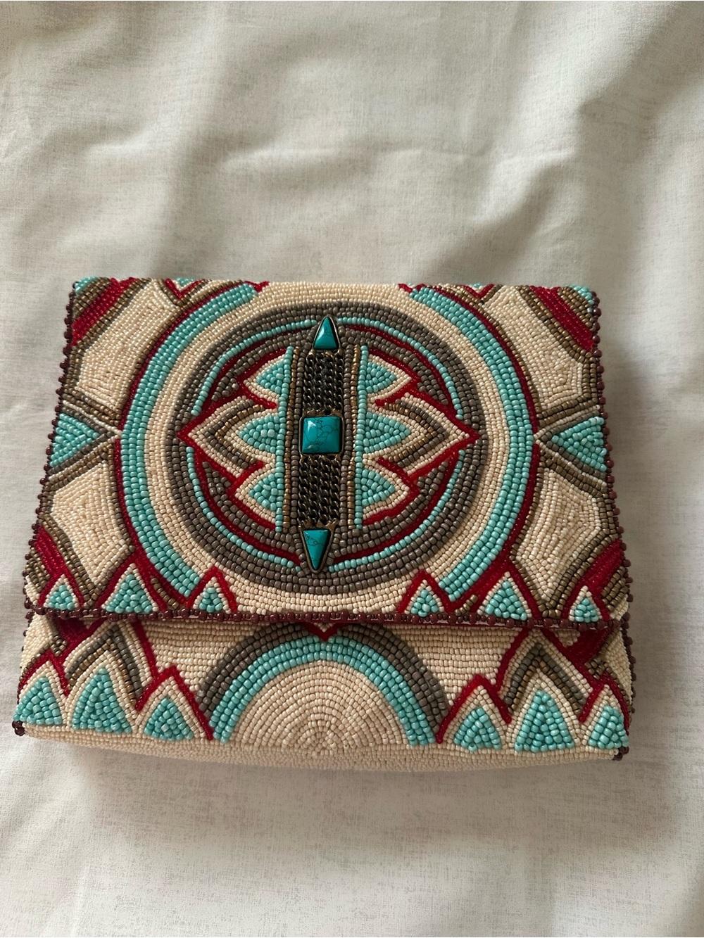 Mary Frances Time Traveler Creme/Teal/Red Handbag